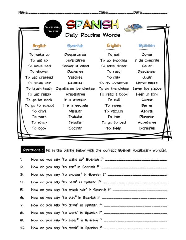 Spanish Daily Routines Vocabulary Word List Worksheet Answer Key spanish-daily-routines-vocabulary-word-list-worksheet-answer-key
