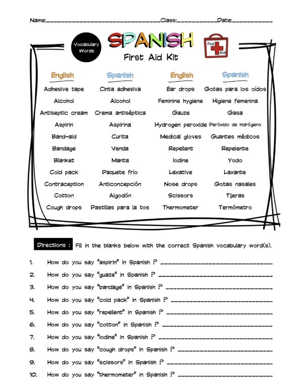 Spanish First Aid Kit Vocabulary Word List Worksheet & Answer Key