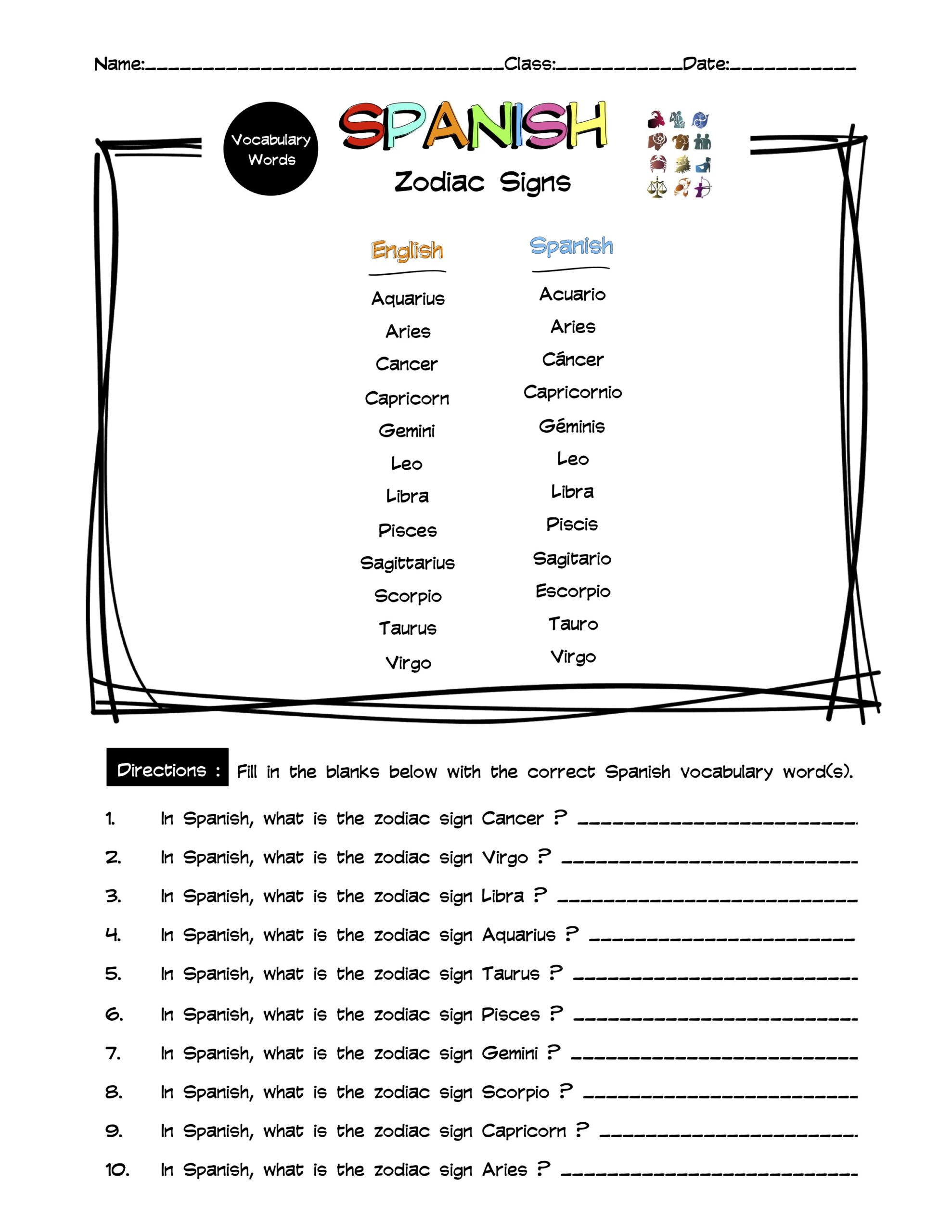 Spanish Zodiac Signs Vocabulary Word List Worksheet & Answer Key Made