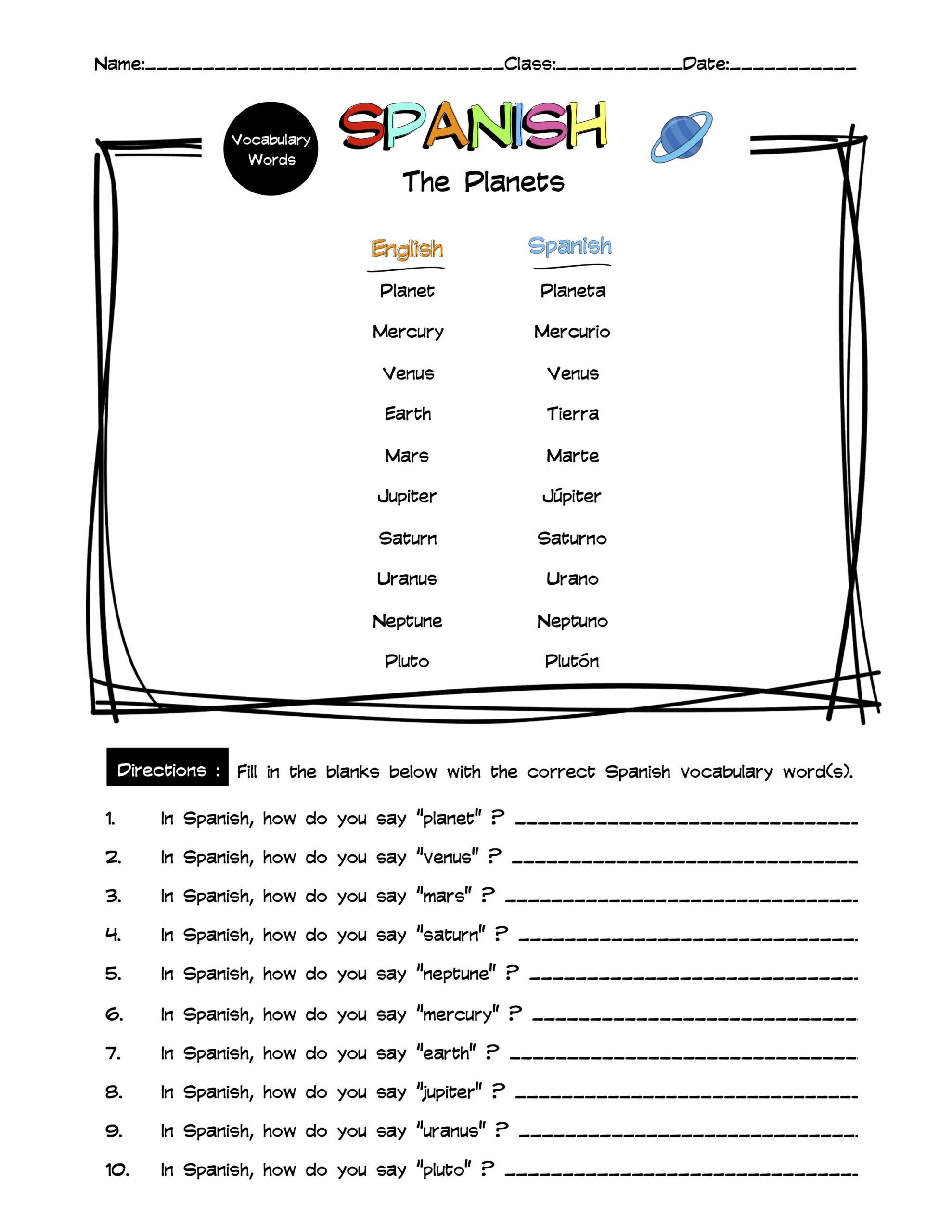 Spanish The Planets Vocabulary Word List Worksheet Answer Key Made