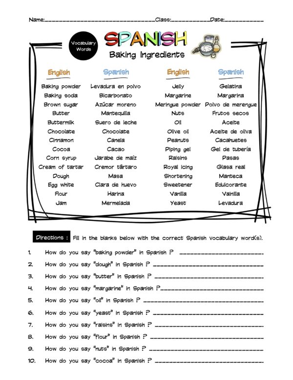 Spanish Baking Ingredients Vocabulary Word List Worksheet & Answer Key Made By Teachers