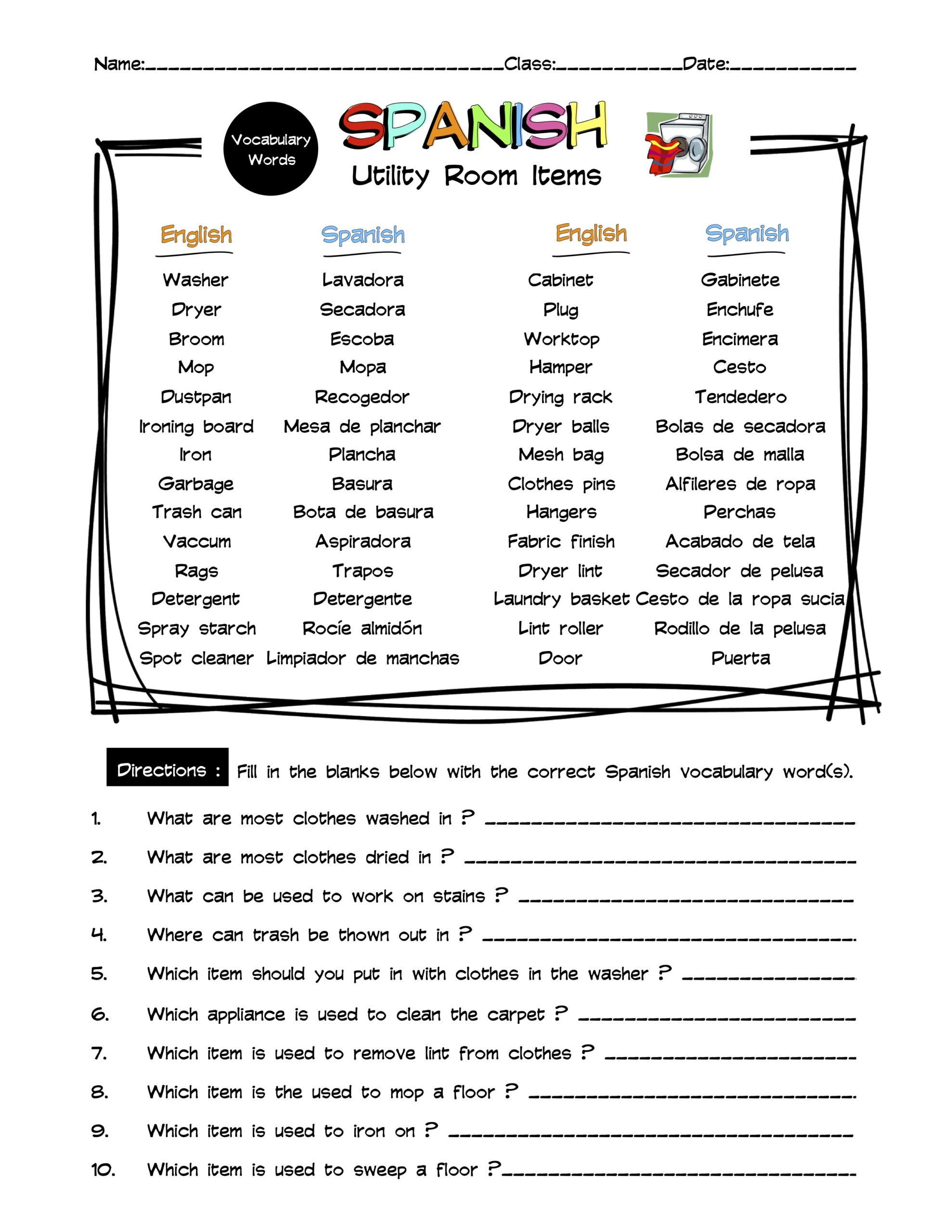 Spanish Utility Room Items Vocabulary Word List Worksheet & Answer Key Made By Teachers