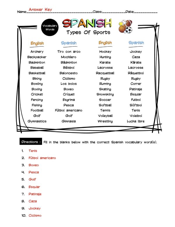 Spanish Types Of Sports Vocabulary Word List Worksheet & Answer Key ...