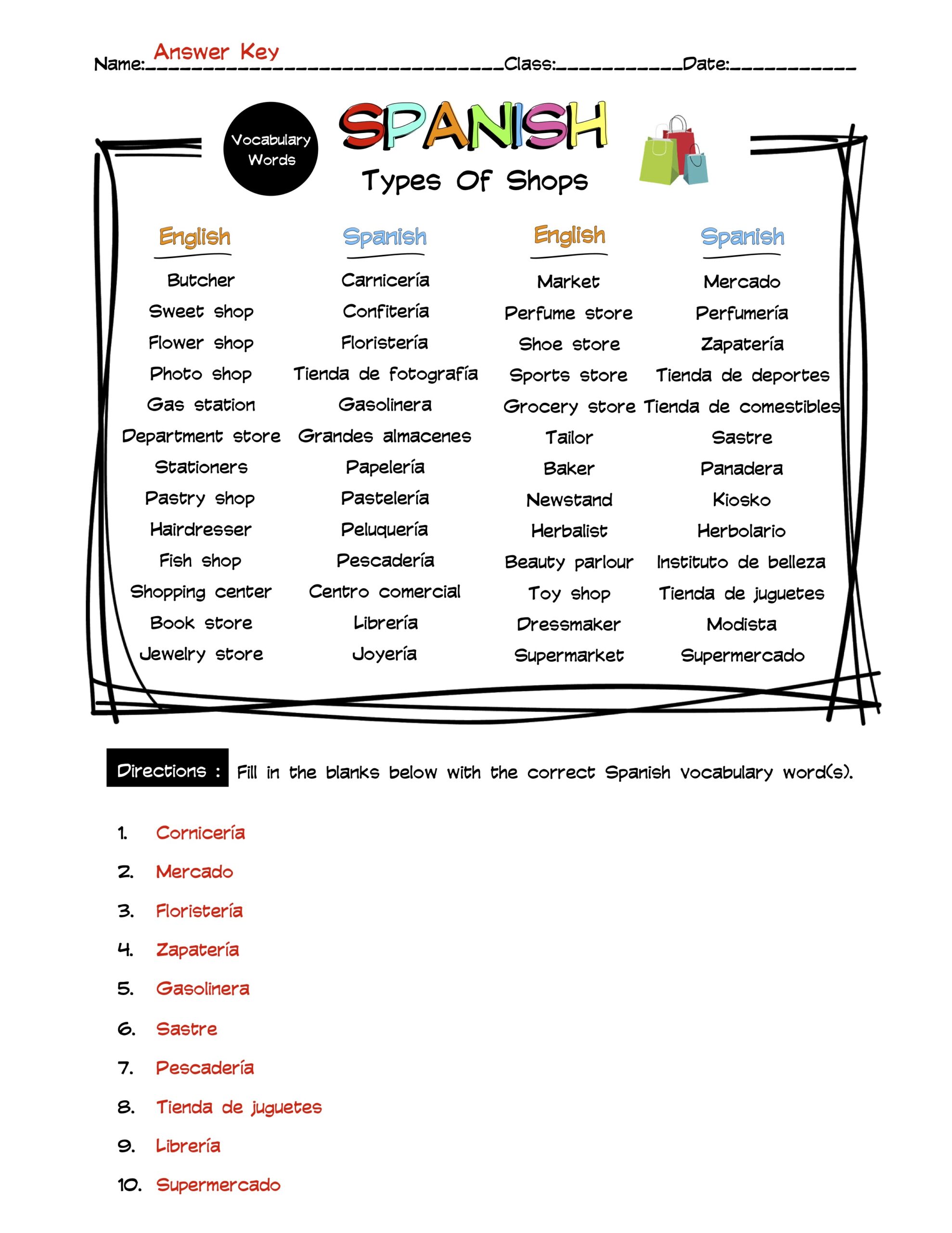 Spanish Types Of Shops Vocabulary Word List Worksheet & Answer Key