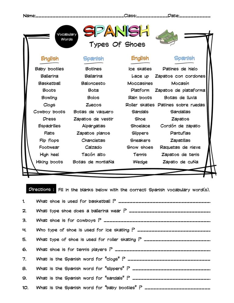 Spanish Types Of Shoes Vocabulary Word List Worksheet & Answer Key