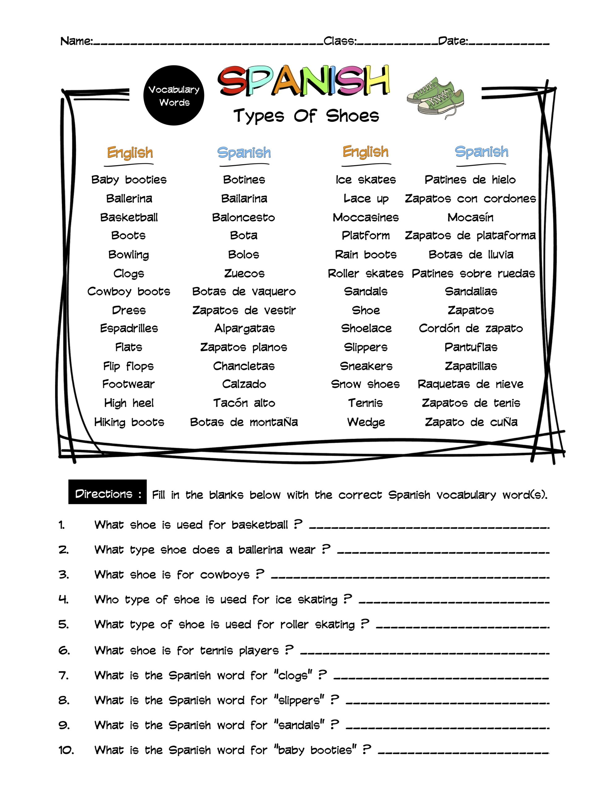 Spanish Types Of Shoes Vocabulary Word List Worksheet & Answer Key Made By Teachers