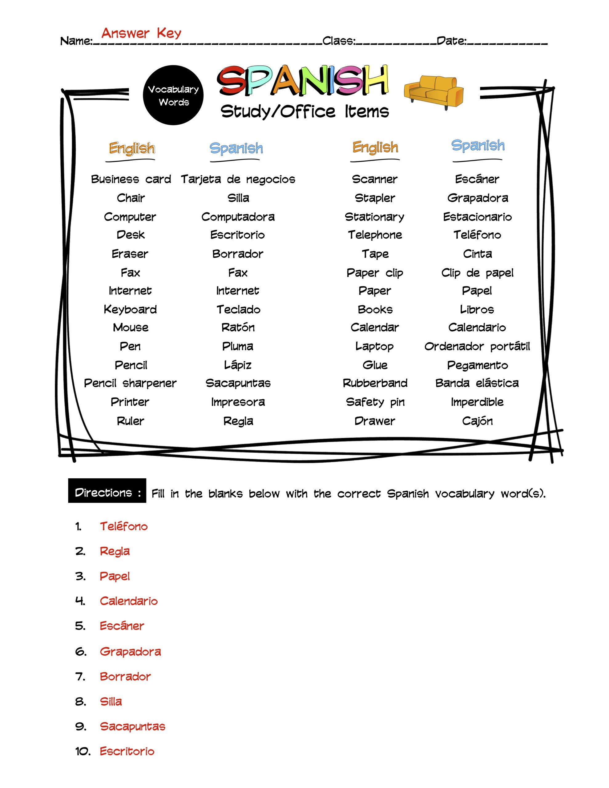spanish-study-office-items-vocabulary-word-list-worksheet-answer-key