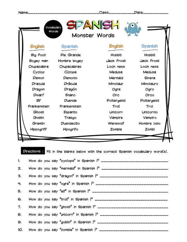 Spanish Monster Vocabulary Word List Worksheet & Answer Key Made By