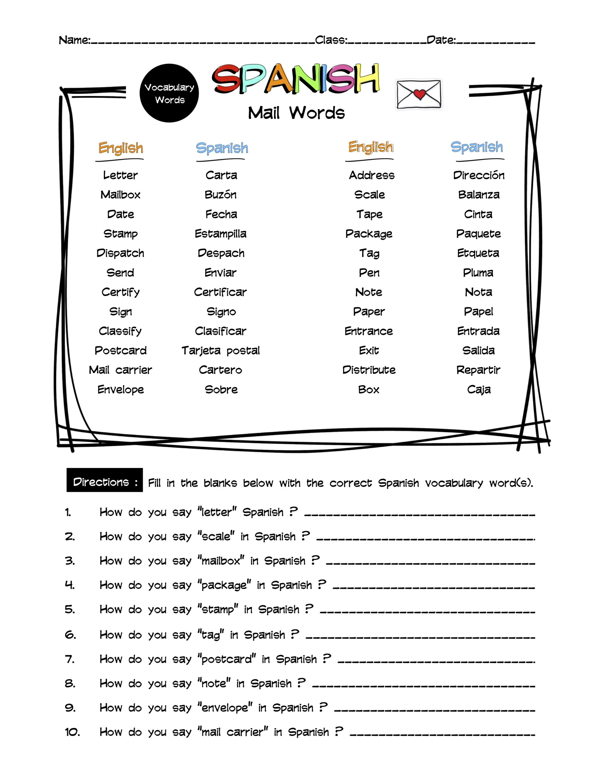 Spanish Mail Vocabulary Word List Worksheet & Answer Key Made By Teachers