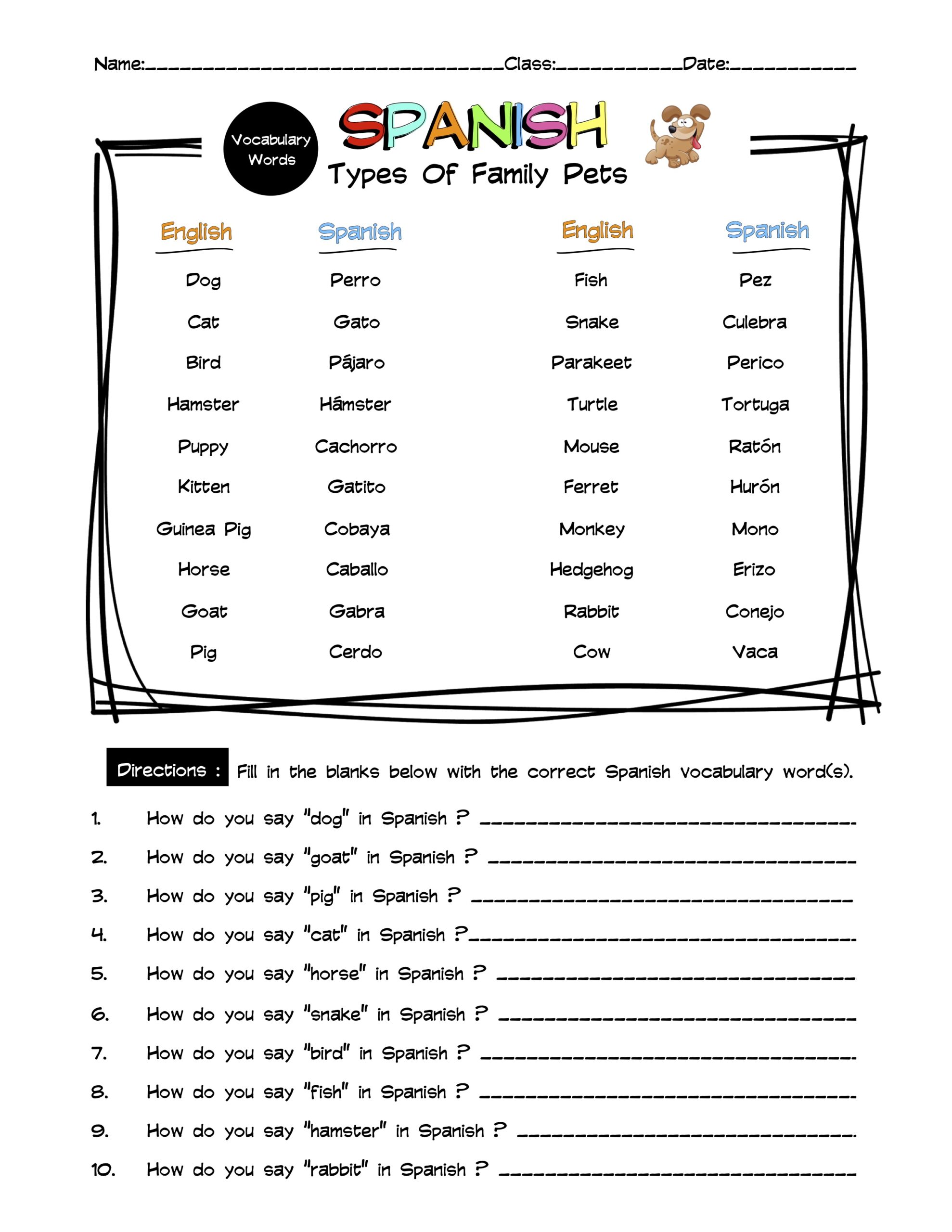 Spanish Family Pets Vocabulary Word List Worksheet & Answer key Made