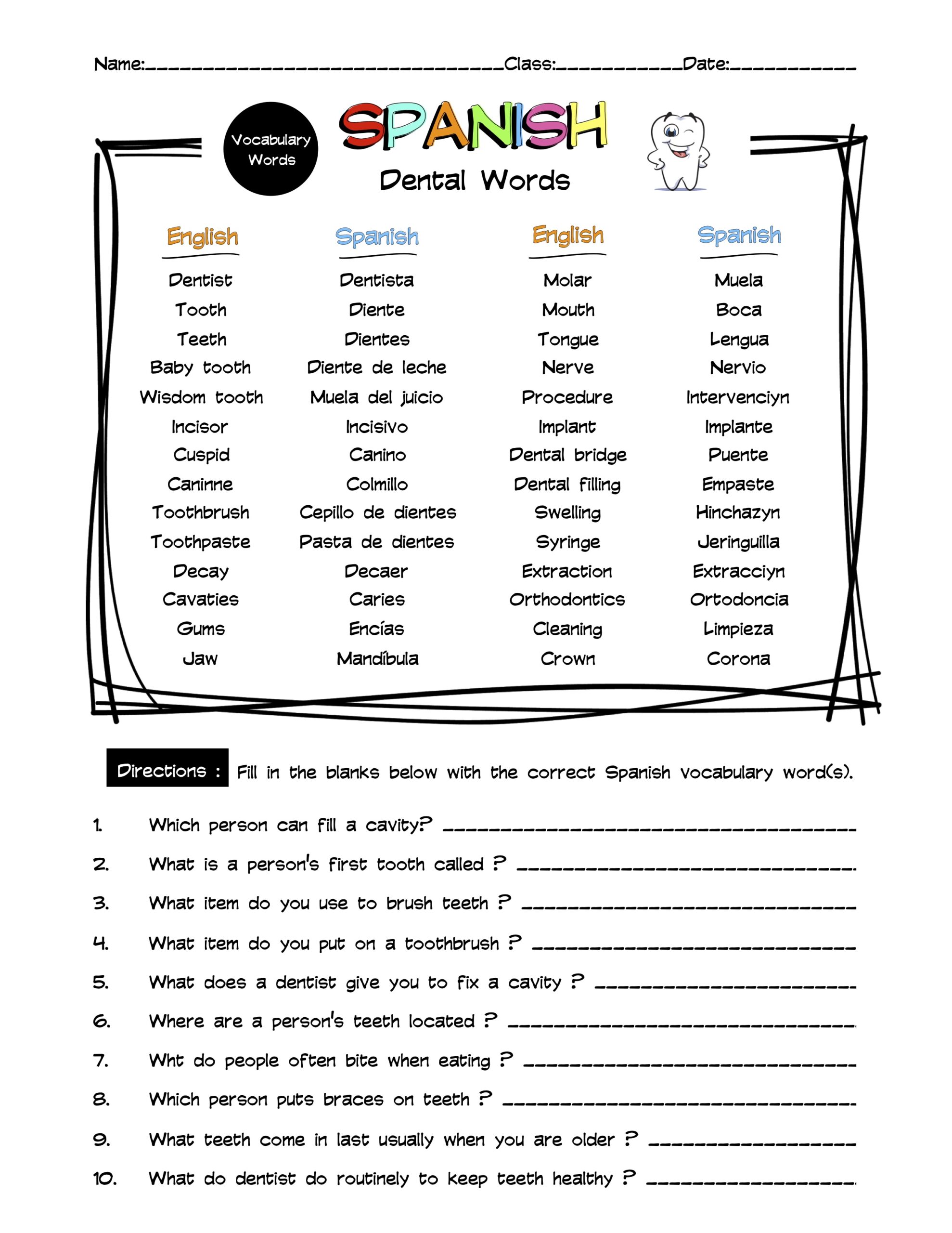 Spanish Dental Words Vocabulary Word List Worksheet & Answer Key Made