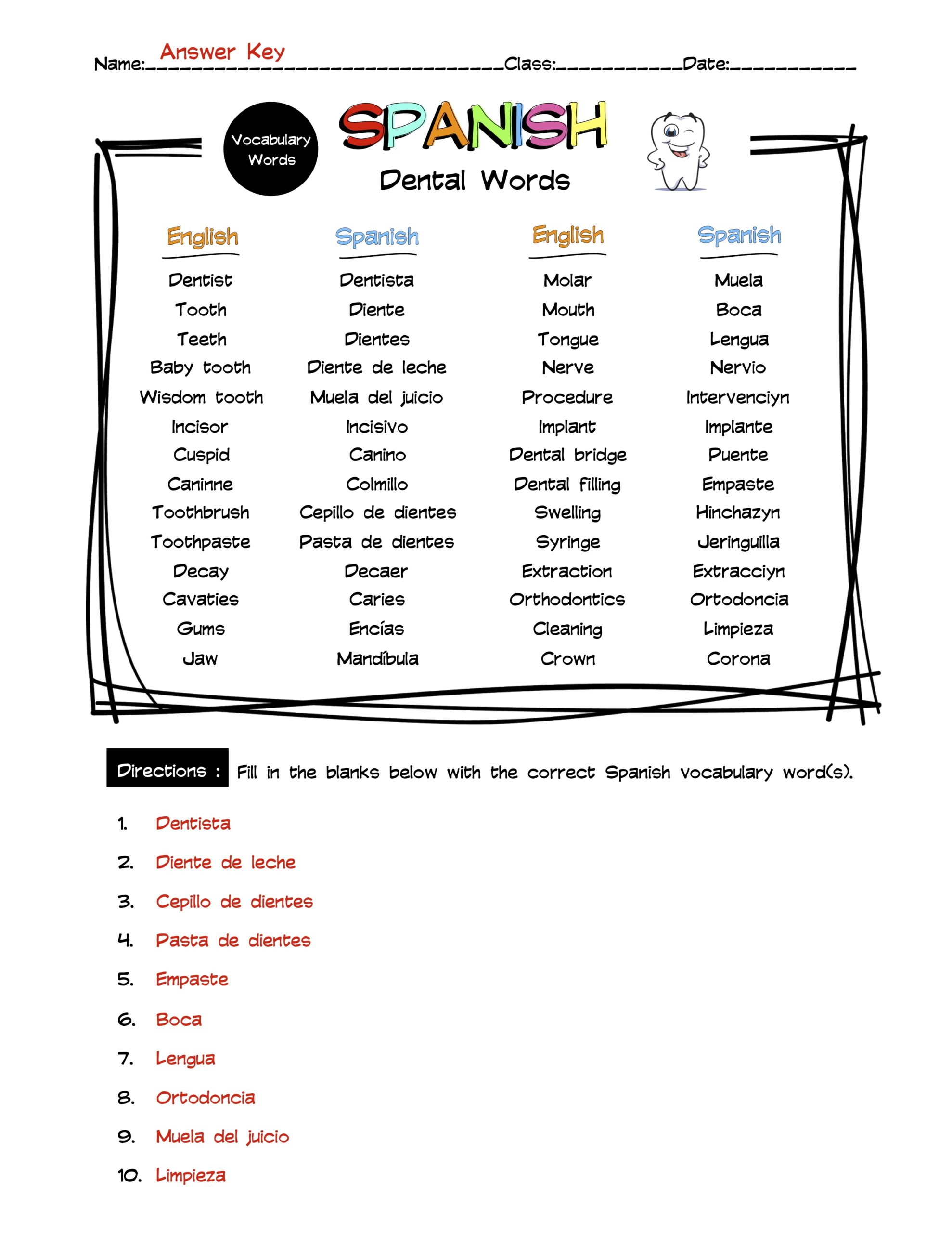 Spanish Dental Words Vocabulary Word List Worksheet & Answer Key Made