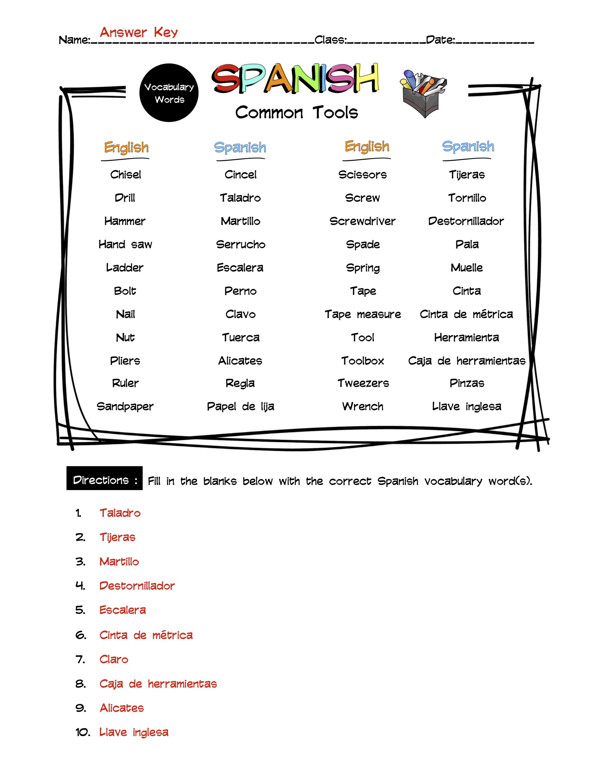 Spanish Common Tools Vocabulary Word List Worksheet & Answer Key Made
