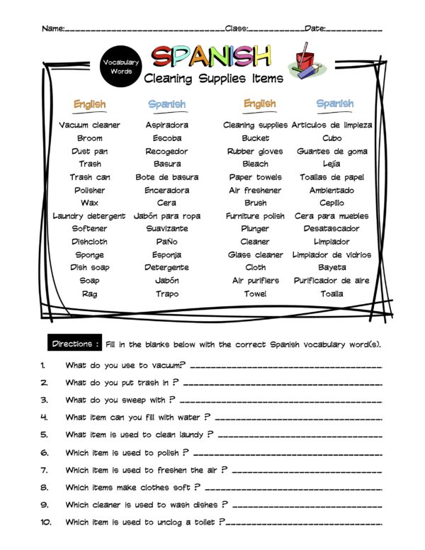 Spanish Cleaning Supplies Vocabulary Word List Worksheet & Answer Key