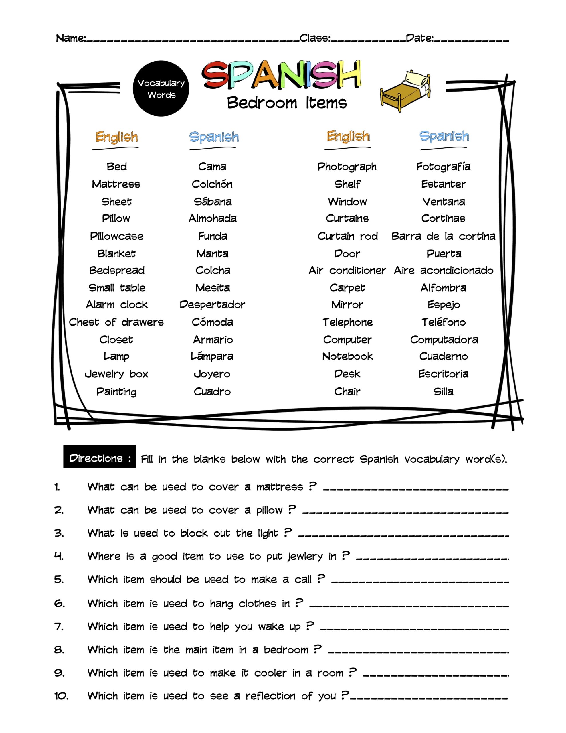 Spanish Bedroom Items Vocabulary Word List Worksheet & Answer Key