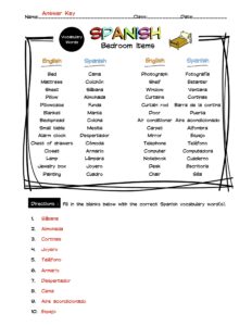 Spanish Bedroom Items Vocabulary Word List Worksheet & Answer Key ...