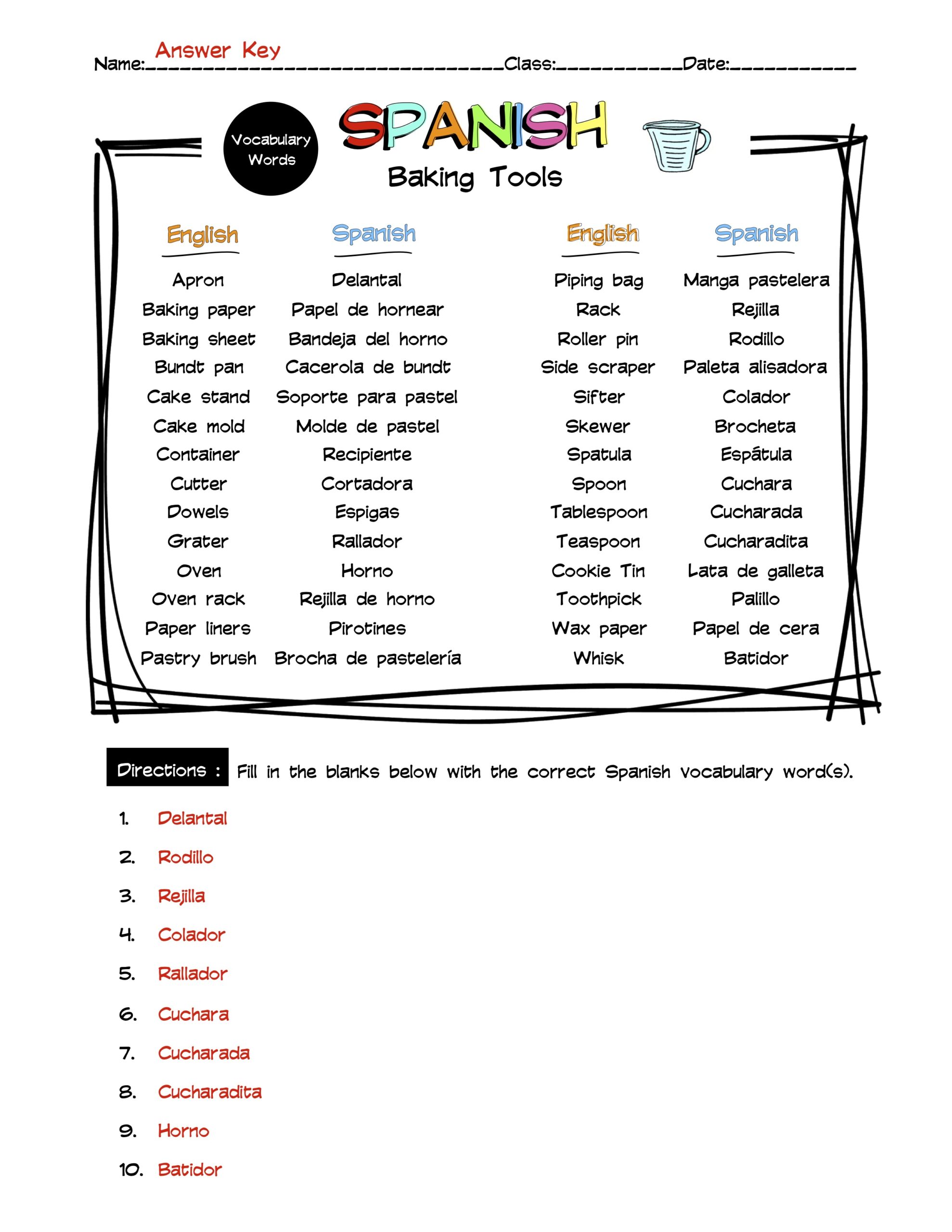 Spanish Baking Tools Vocabulary Word List Worksheet & Answer Key Made
