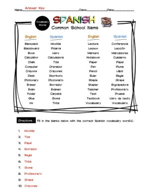 Spanish Common School Items Vocabulary Word List Worksheet & Answer Key ...