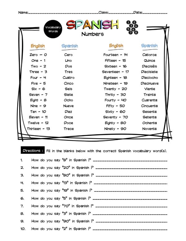 Spanish Numbers Vocabulary Word List Worksheet & Answer Key | Made By ...