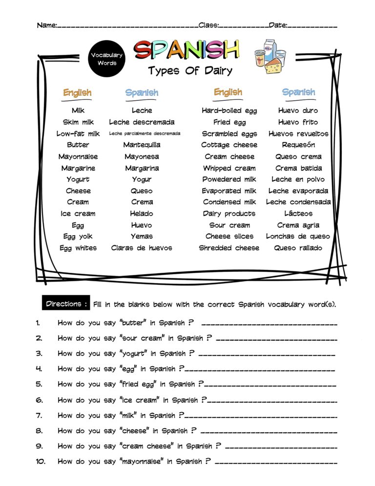 Spanish Dairy Vocabulary Word List Worksheet & Answer Key Made By