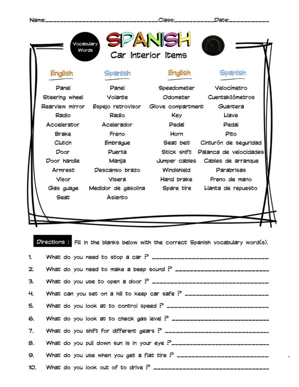Spanish Car Interior Vocabulary Word List Worksheet & Answer Key Made