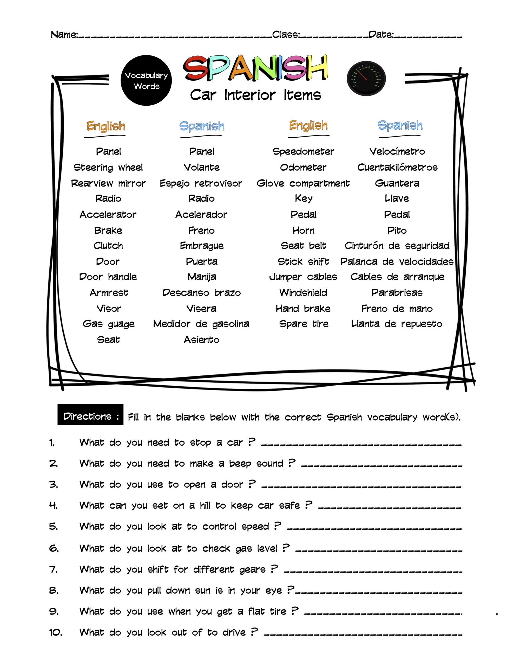 Spanish Car Interior Vocabulary Word List Worksheet & Answer Key Made