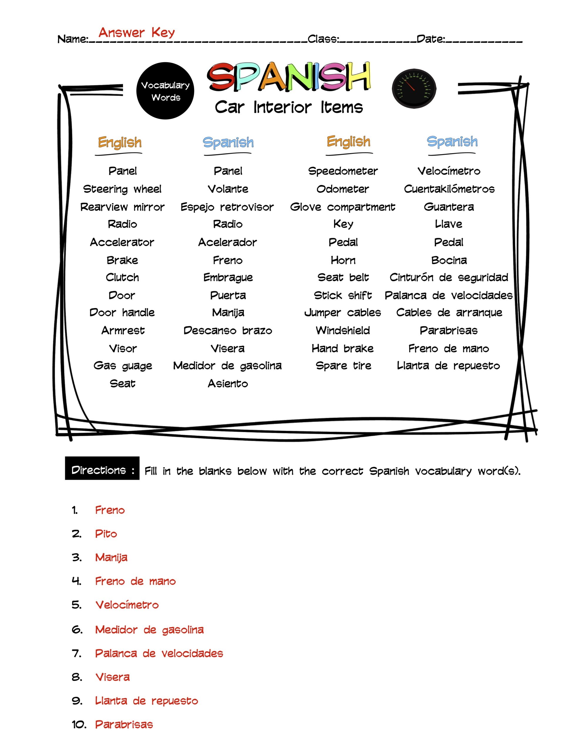 Spanish Car Interior Vocabulary Word List Worksheet & Answer Key Made