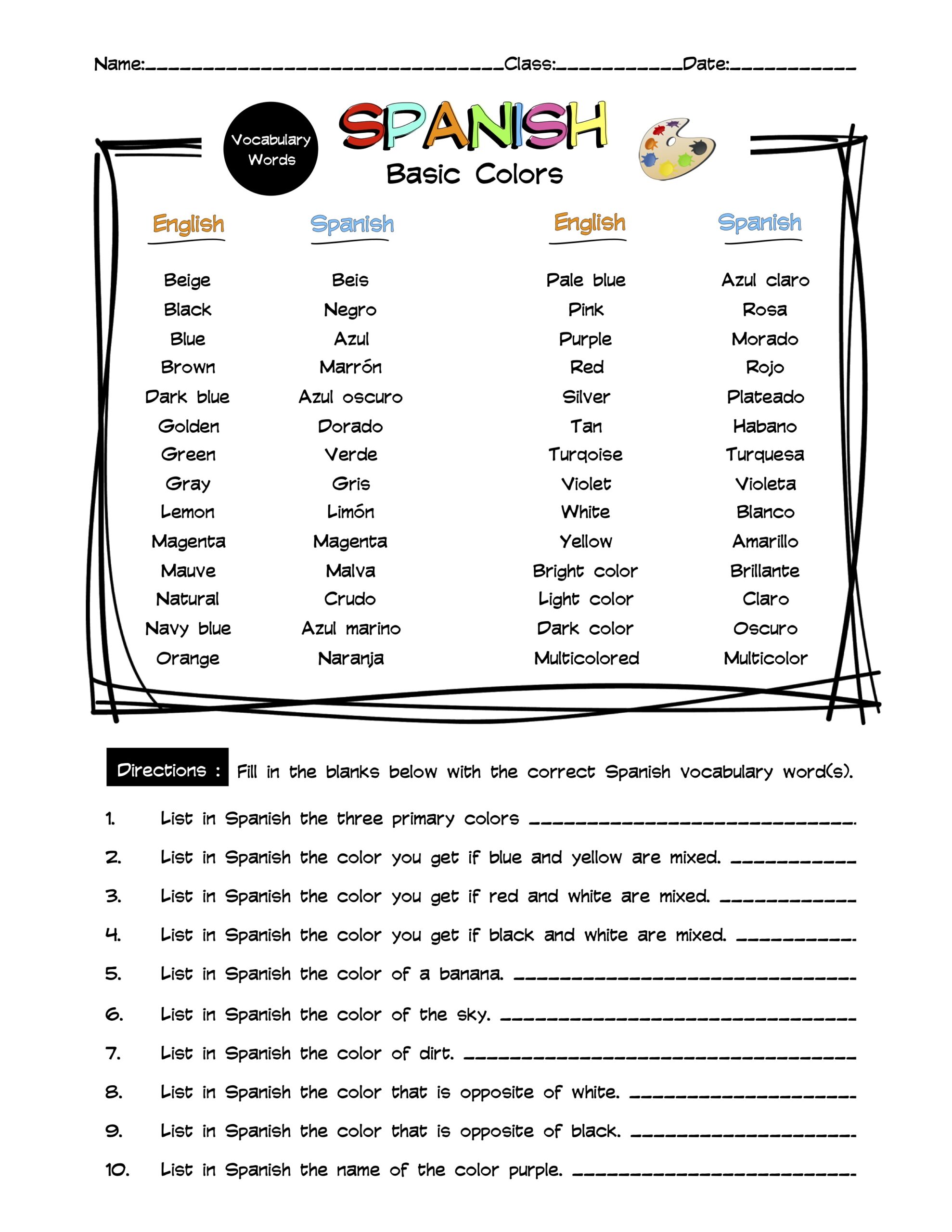 Spanish Basic Colors Vocabulary Word List Worksheet & Answer Key | Made By  Teachers