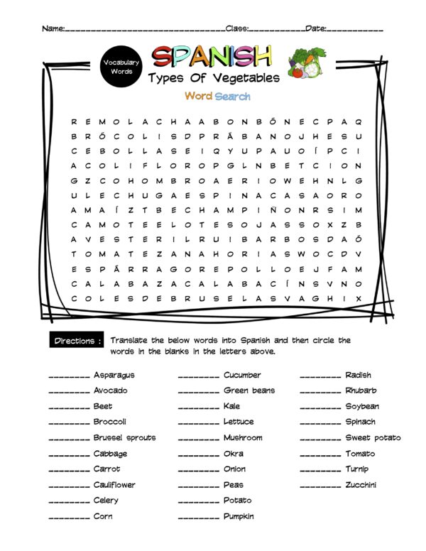 Spanish Vegetables Vocabulary Word Search & Answer Key Made By Teachers
