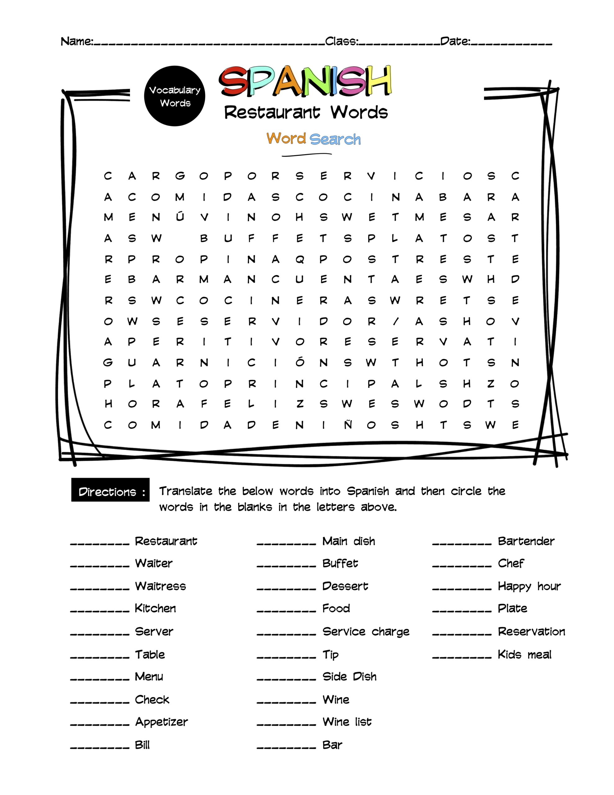 Spanish Restaurant Vocabulary Word Search Answer Key Made By Teachers