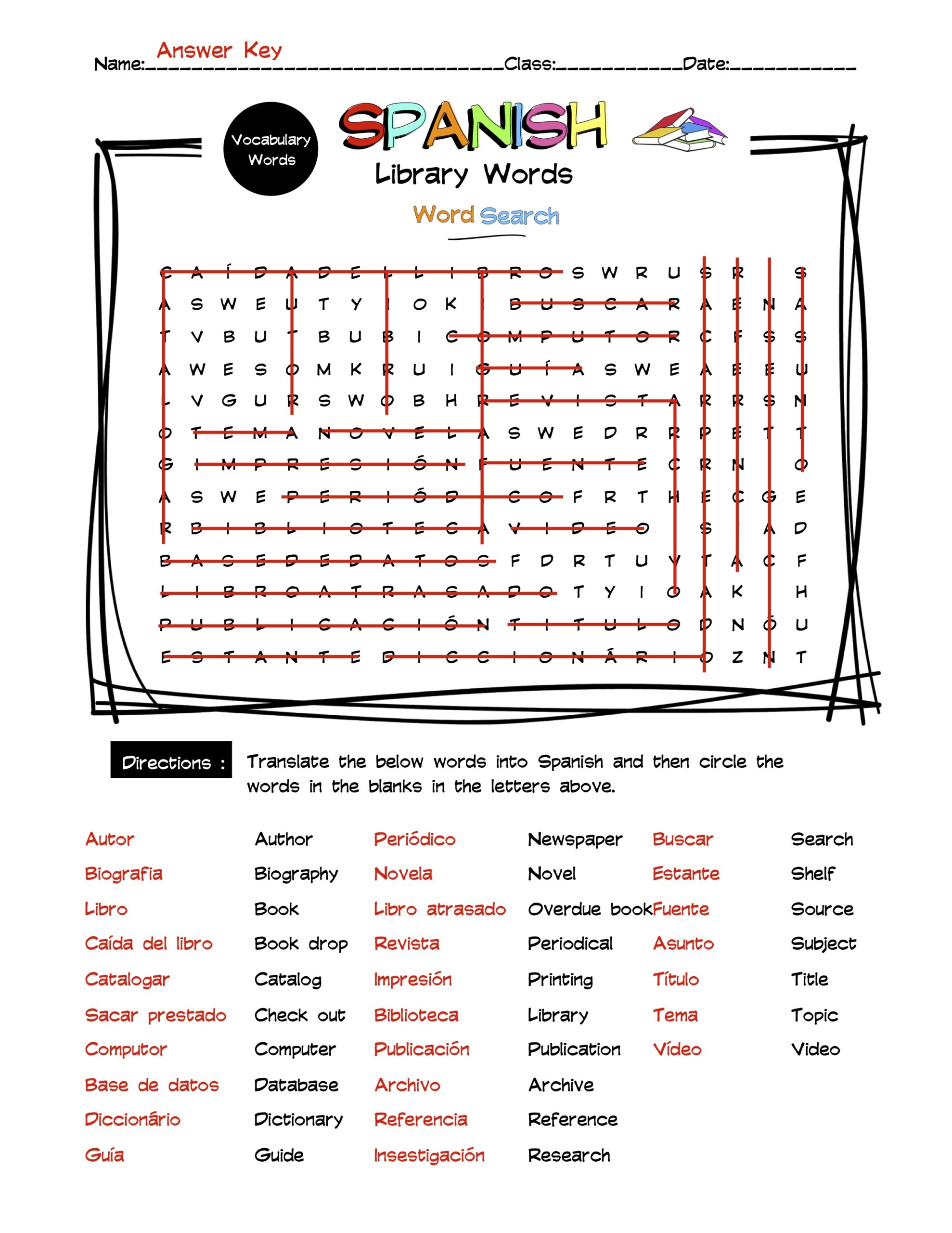 Spanish Library Words Vocabulary Word Search & Answer Key Made By