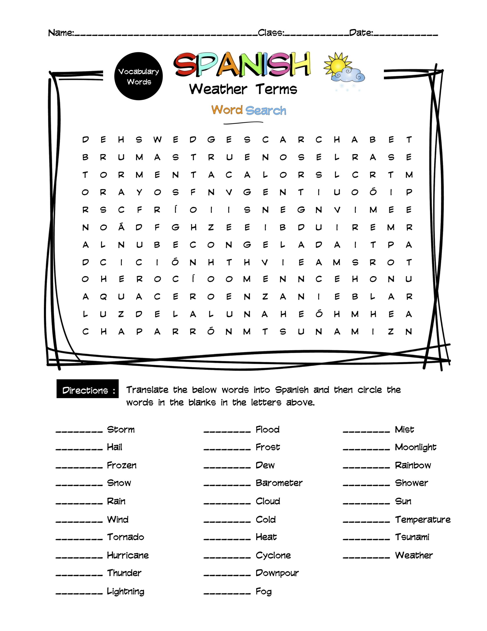 Spanish Weather Vocabulary Word Search Answer Key Made By Teachers