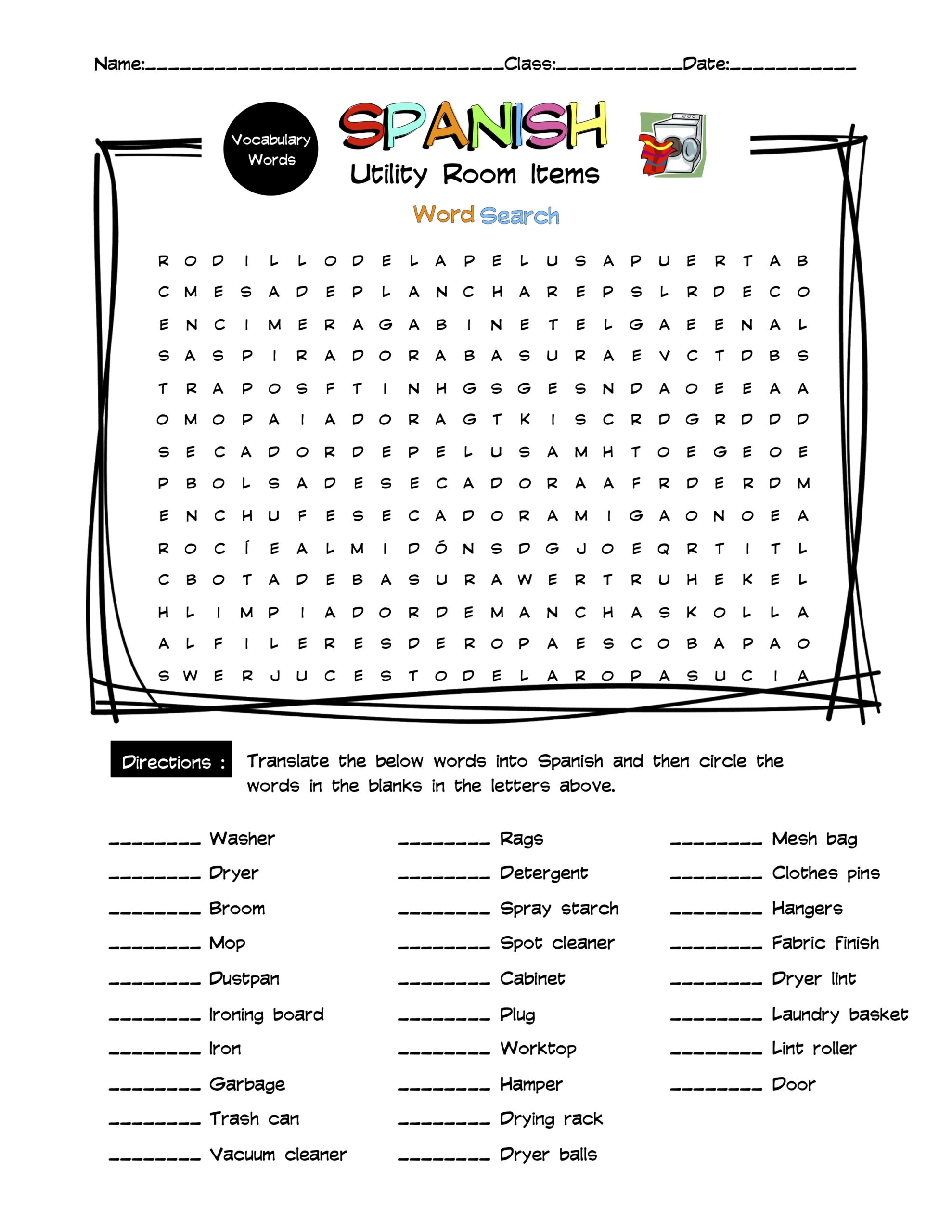 Spanish Utility Room Items Vocabulary Word Search & Answer Key Made By Teachers