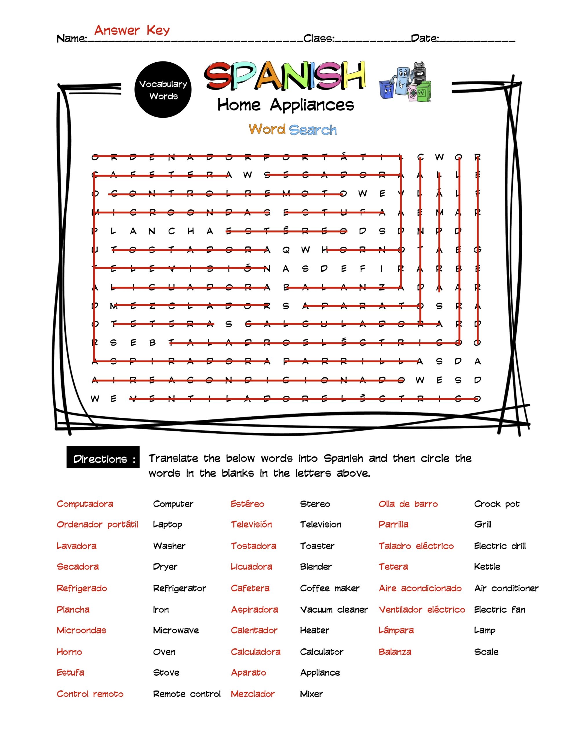 Spanish Home Appliances Vocabulary Word Search & Answer Key Made By