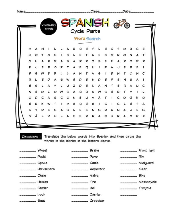 Spanish Cycle Parts Vocabulary Word Search & Answer Key Made By Teachers