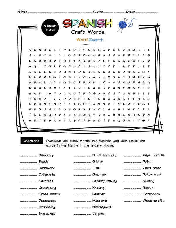 Spanish Craft Words Vocabulary Word Search & Answer Key Made By Teachers