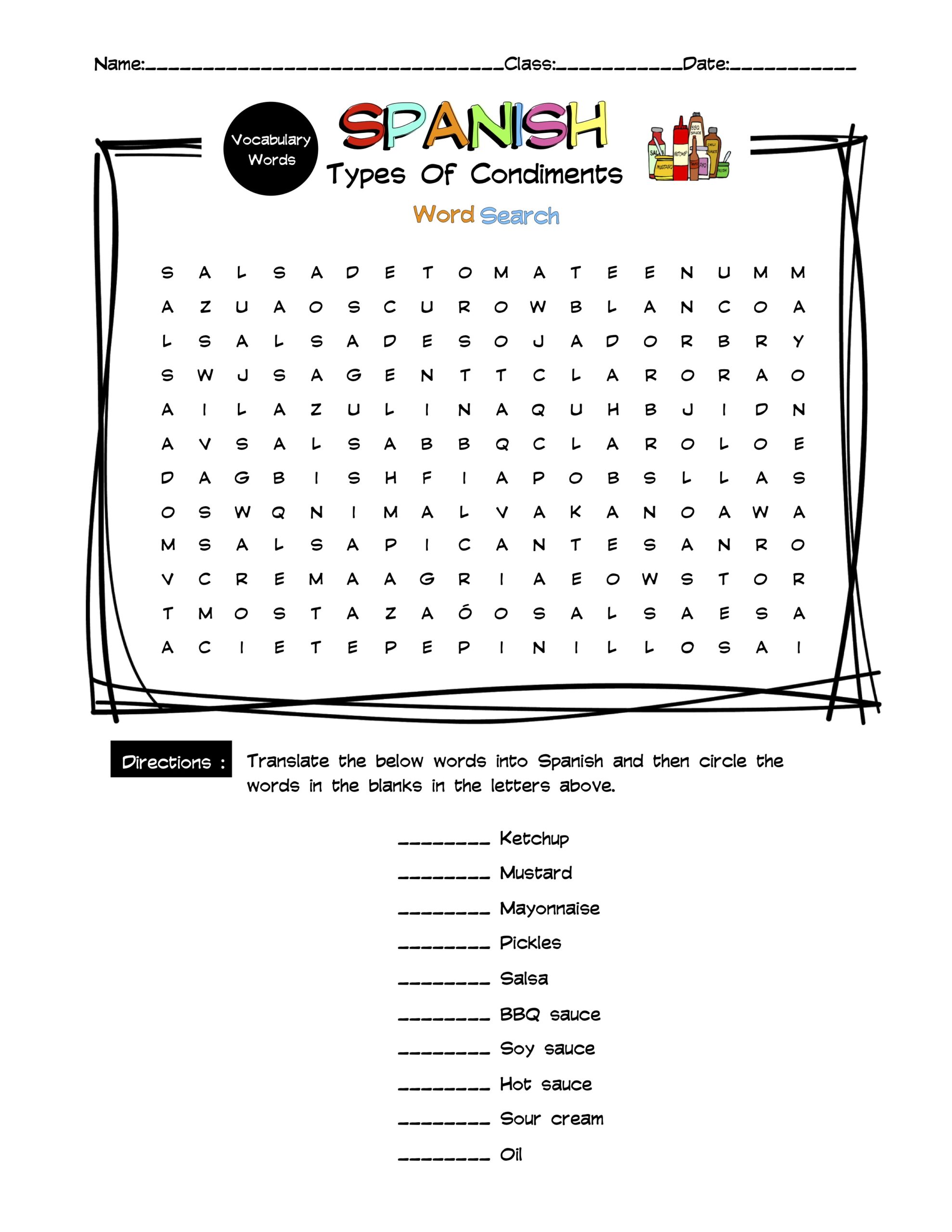 Spanish Condiments Vocabulary Word Search & Answer Key Made By Teachers