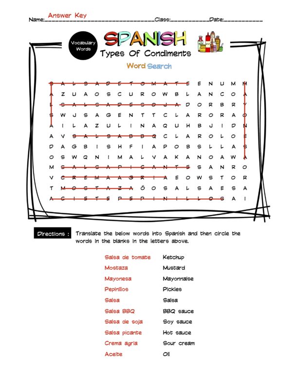 Spanish Condiments Vocabulary Word Search & Answer Key Made By Teachers