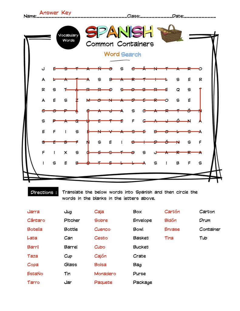 Spanish Common Containers Vocabulary Word Search & Answer Key | Made By ...