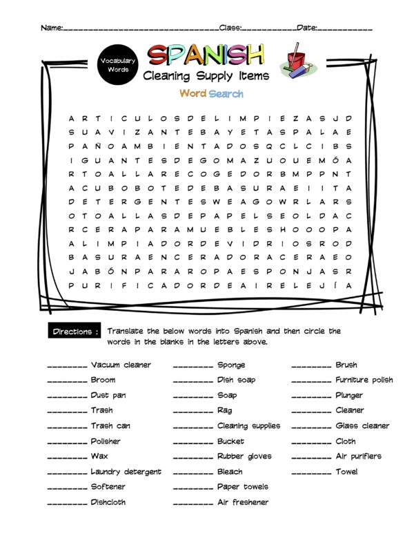 Spanish Cleaning Supplies Vocabulary Word Search & Answer Key Made By