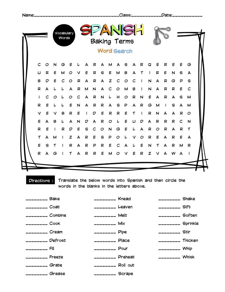 Spanish Baking Terms Vocabulary Words Search & Answer Key Made By
