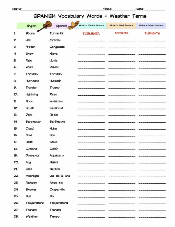 Spanish Weather Terms Vocabulary Word List Column Worksheet Made By