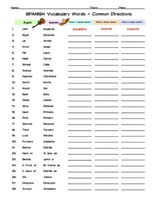 Spanish Common Directions Vocabulary Word List Column Worksheet - Made ...