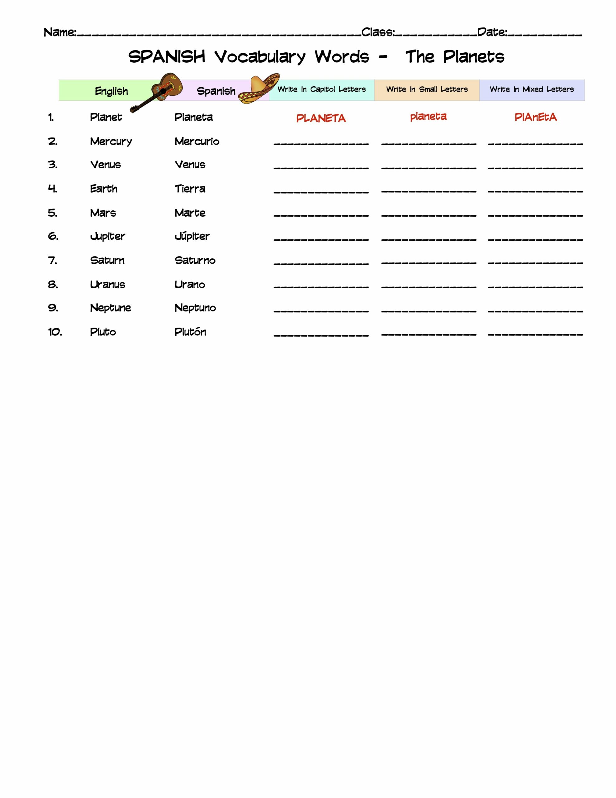 Spanish The Vocabulary Word List Column Worksheet Made By