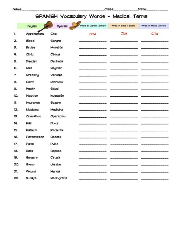 Spanish Medical Terms Vocabulary Word List Column Worksheet Made By