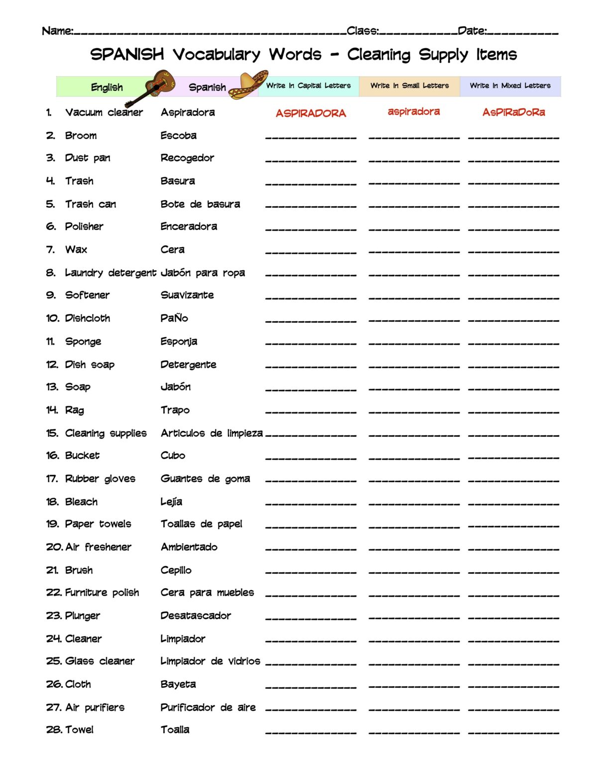 Spanish Cleaning Supplies Vocabulary Word List Column Worksheet Made