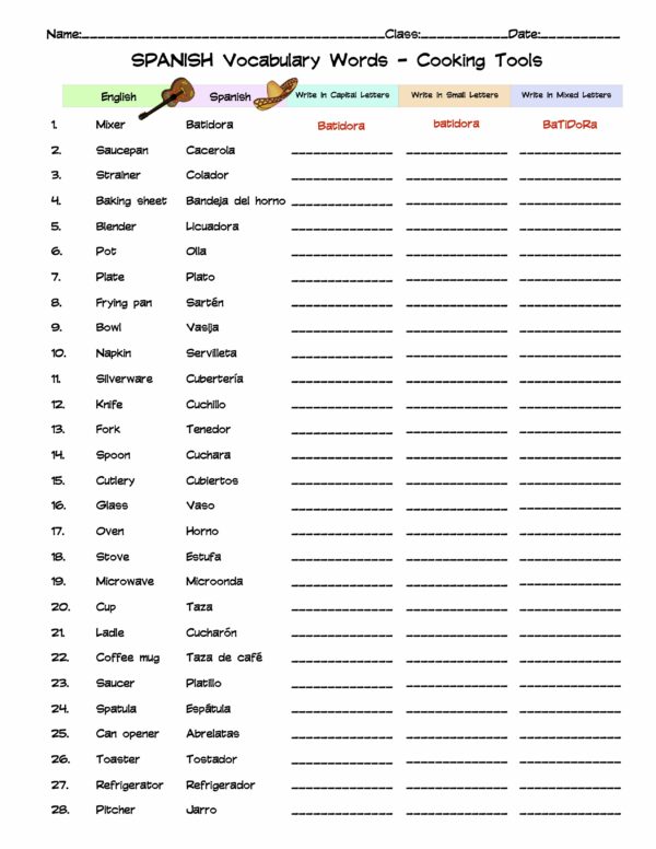 Spanish Cooking Tools Vocabulary Word List Column Worksheet Made By