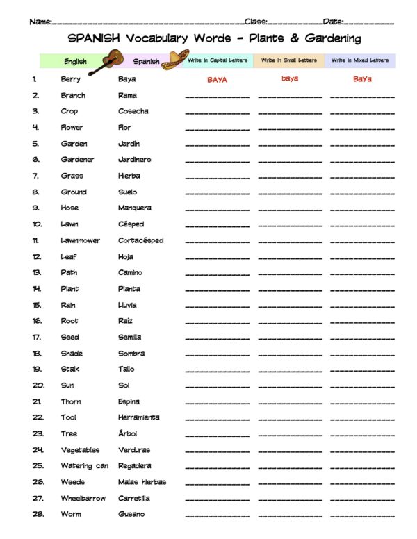 Spanish Plants & Gardening Vocabulary Word List Column Worksheet Made