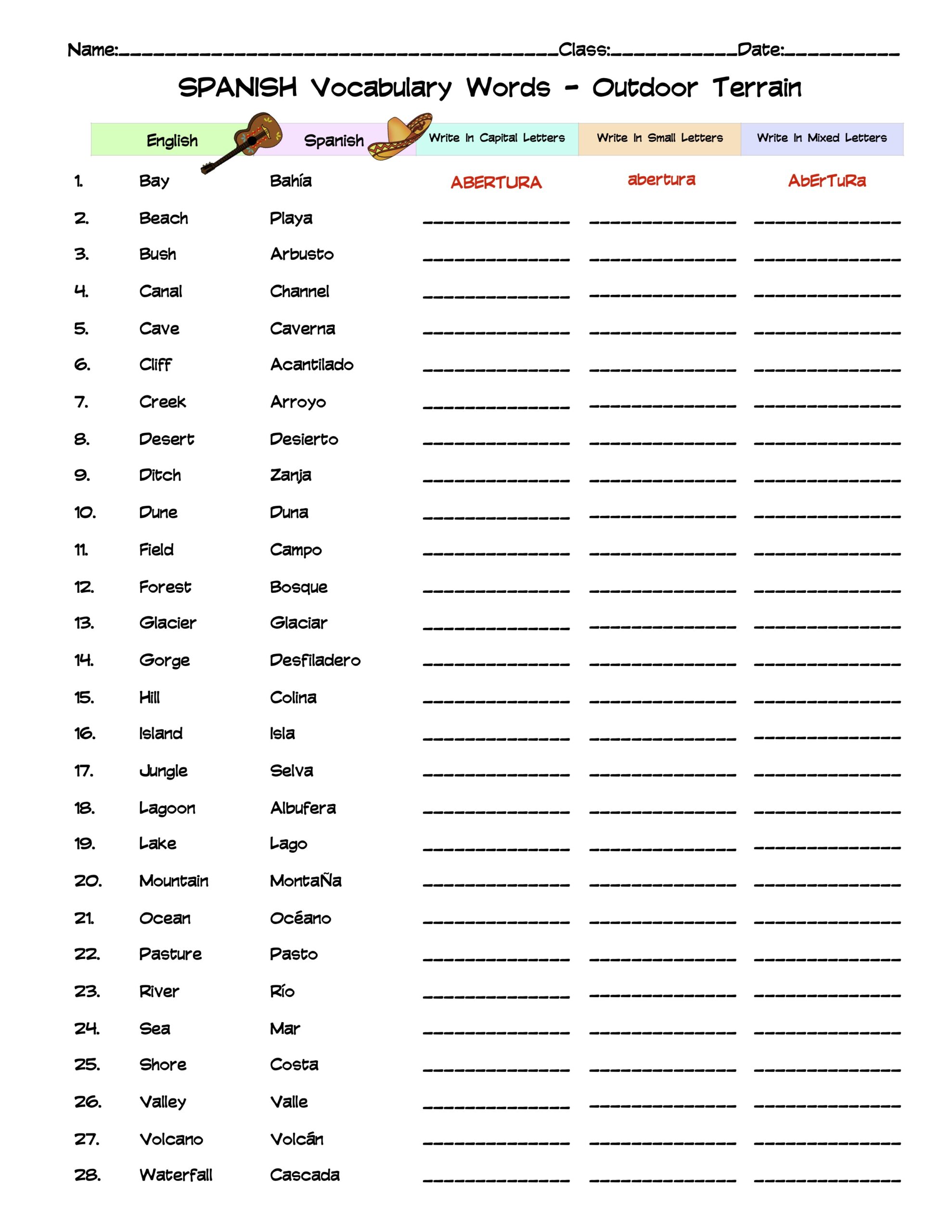 Spanish Outdoor Terrain Vocabulary Word List Column Worksheet Made By
