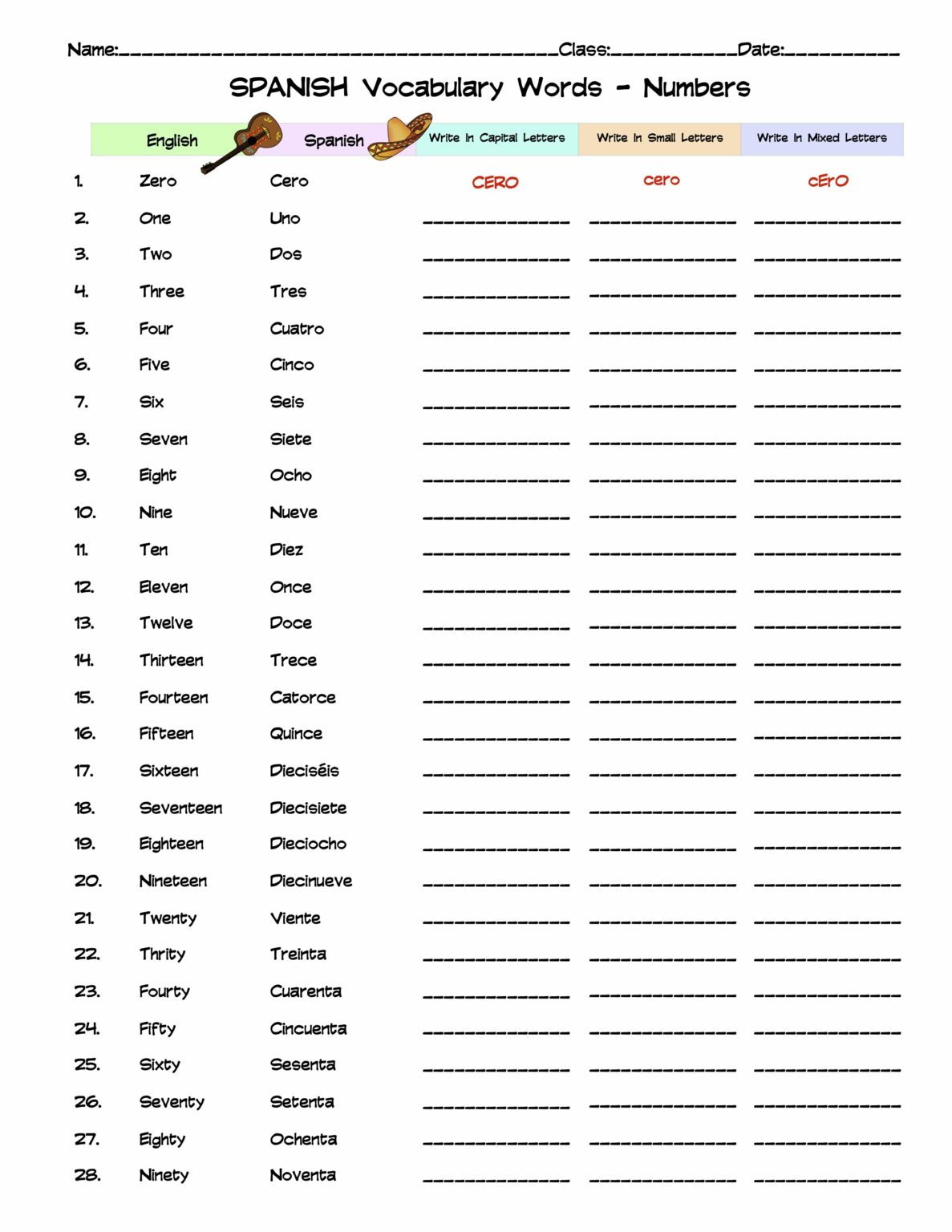 Spanish Numbers Vocabulary Word list Column Worksheet Made By Teachers